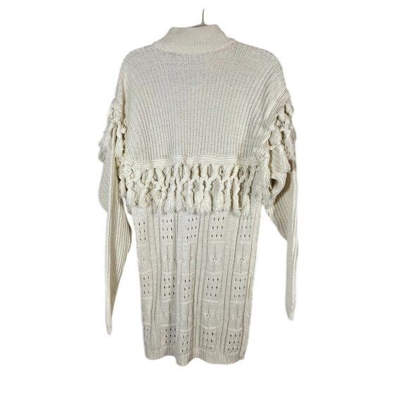 Vintage Cable Knit Fringe Sweater L Cream Tassel Neutral Retro Classic Chic 80s - Picture 10 of 11